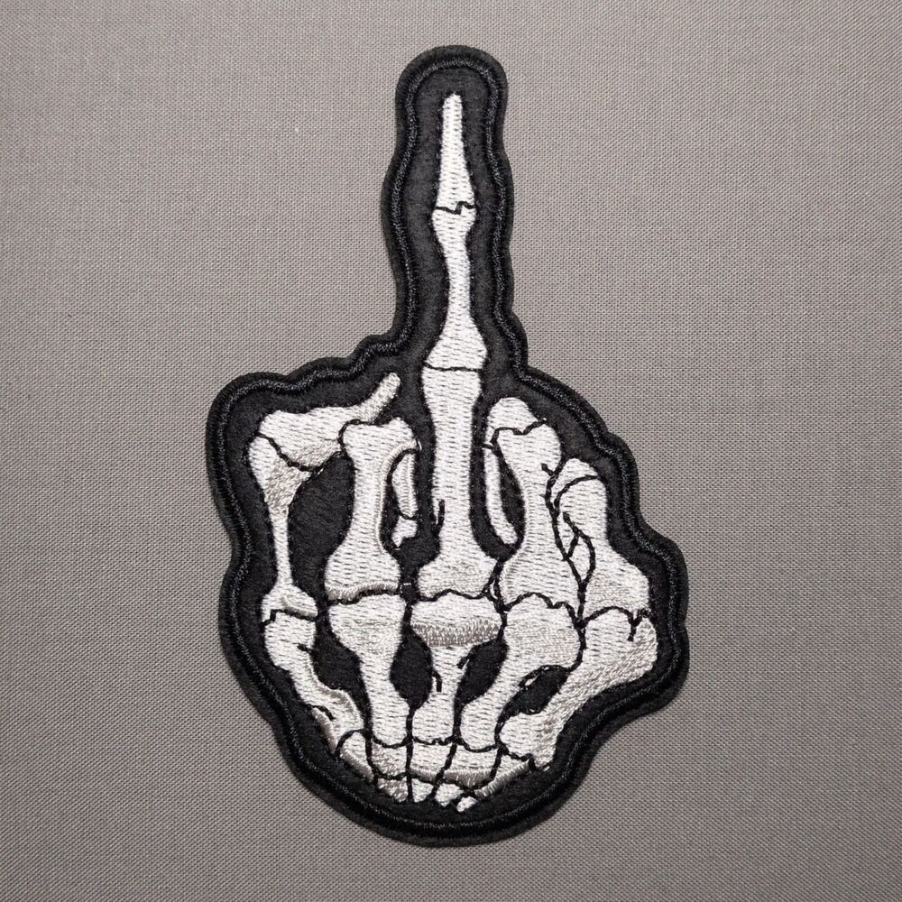 Skeleton Middle Finger Embroidered Iron On Biker Patch